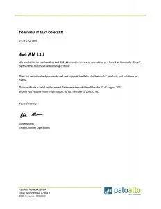 Certificate 4x4 Palo Alto Athorization Letter Silver Partner 2018